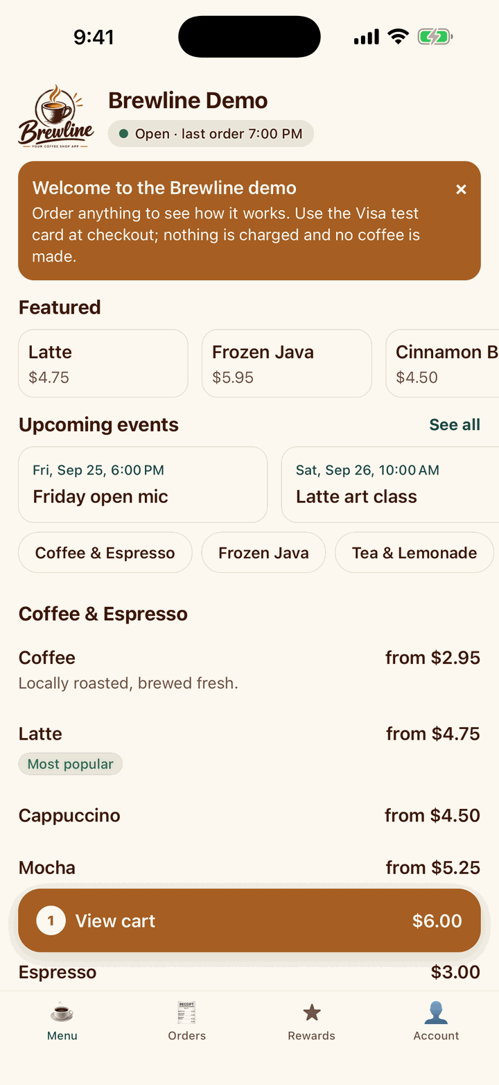 The Brewline demo app menu: featured drinks, upcoming events, and coffee and espresso prices