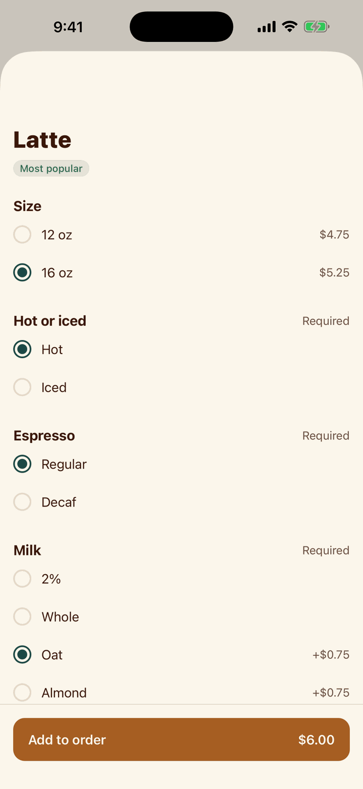 Customizing a latte: size, hot or iced, espresso, and milk choices with prices