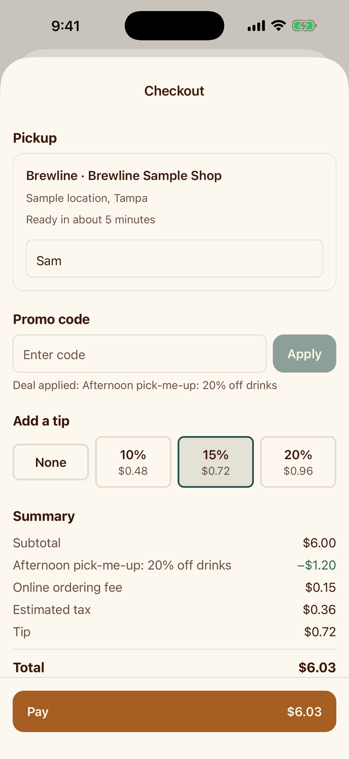 Checkout with pickup details, promo code, tip choices, and order total
