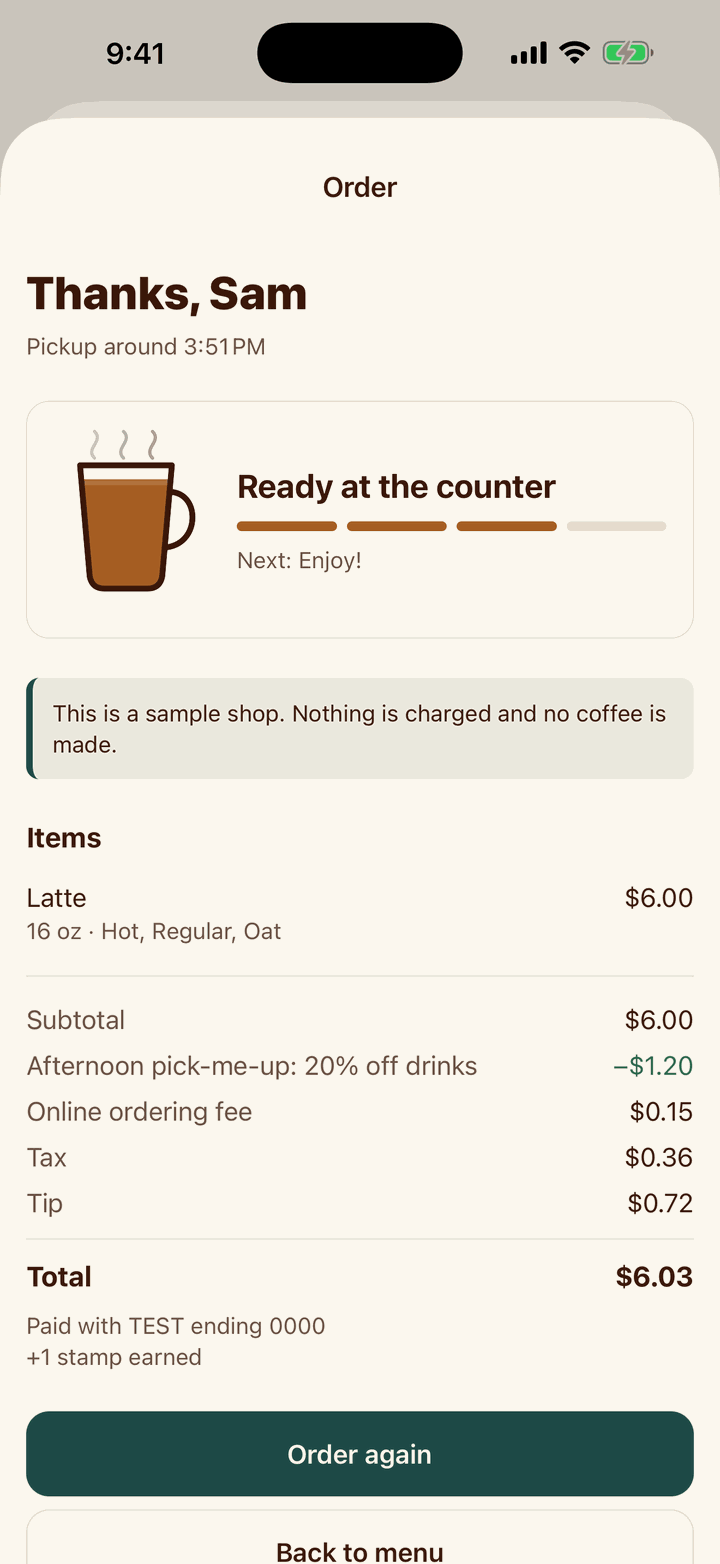 Order status screen showing the order is ready at the counter, with an Order again button