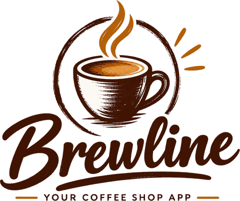 Brewline logo: a steaming coffee cup above the word Brewline and the line Your coffee shop app